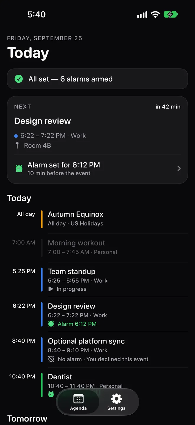 NeverLate agenda in dark mode