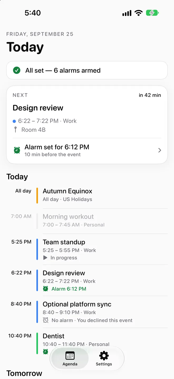 NeverLate agenda: All set, 6 alarms armed, with the next event and its alarm time