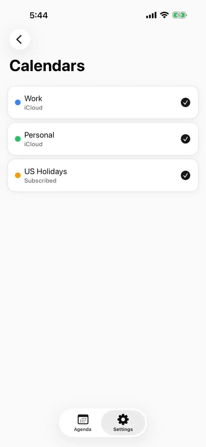 Choose Calendars screen listing Work, Personal, and US Holidays calendars
