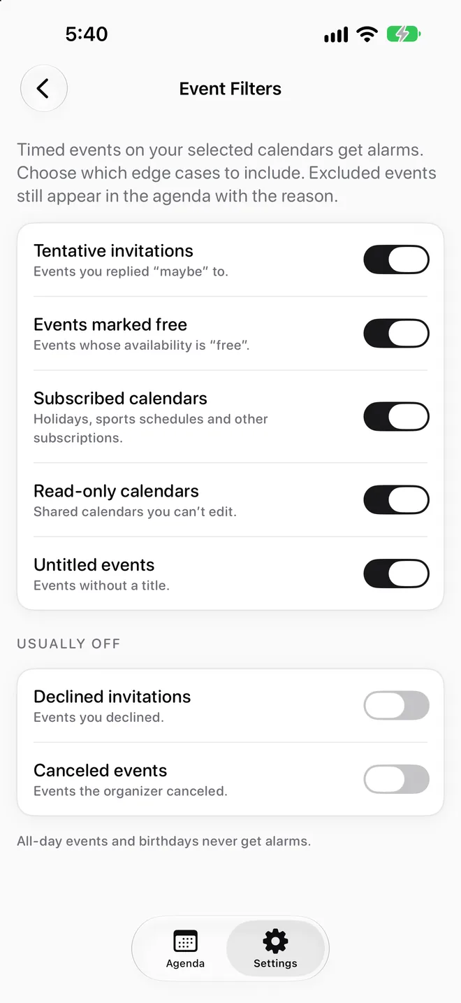 Event Filters screen with toggles for edge cases