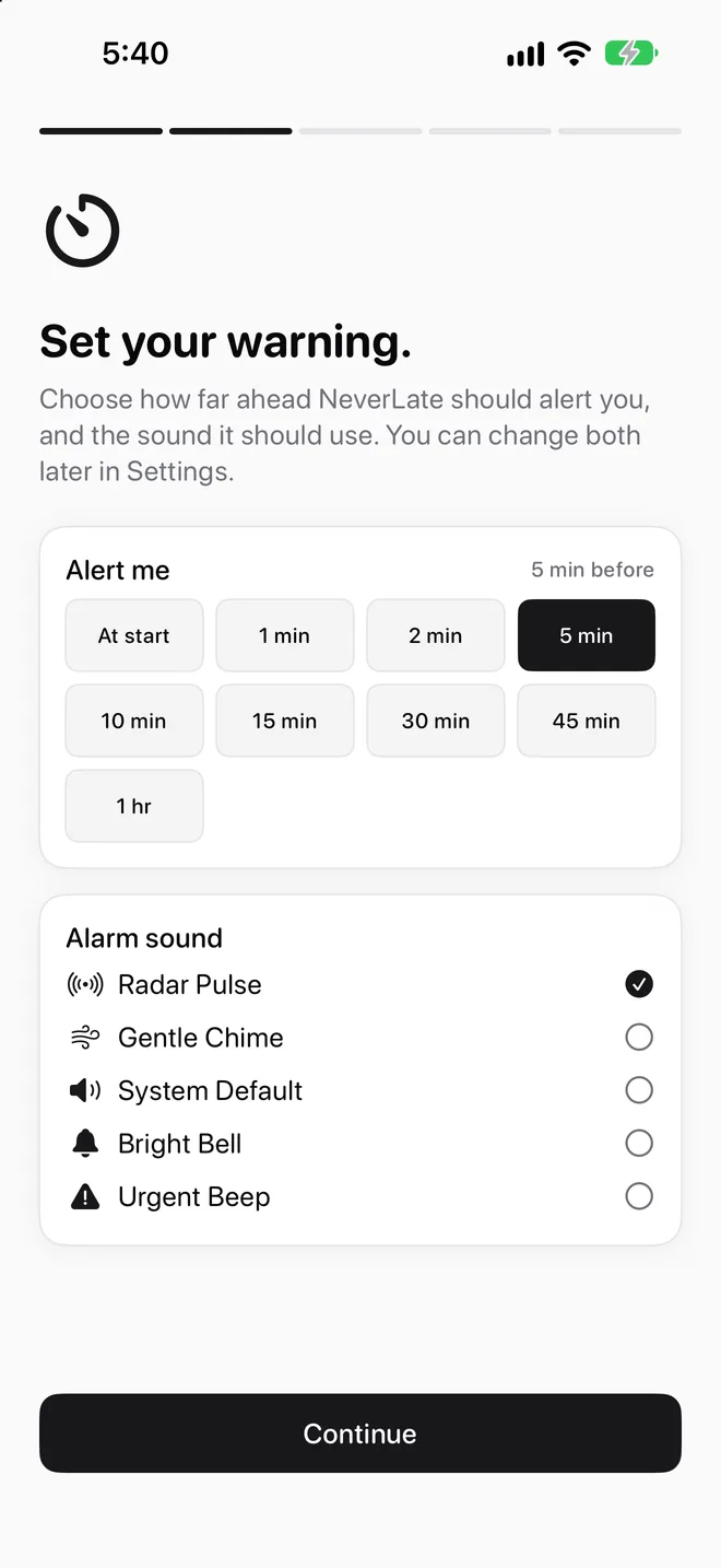 Onboarding step for choosing lead time and alarm sound