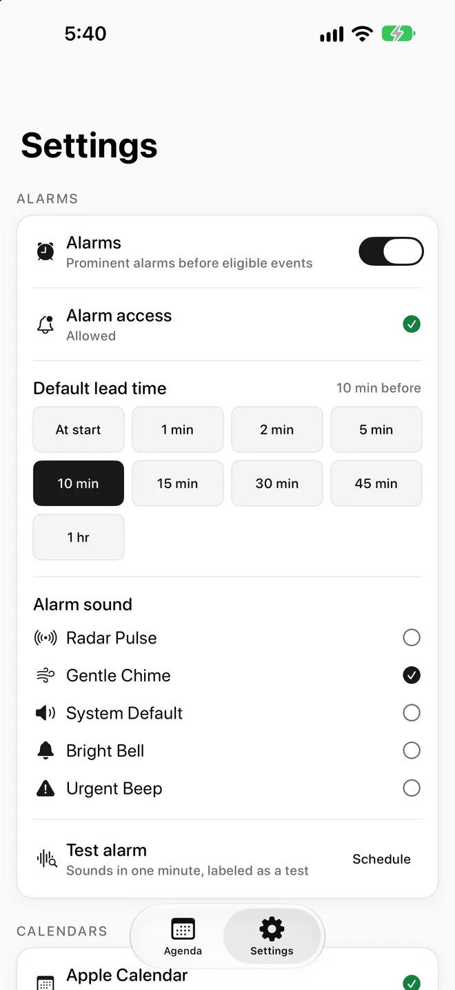 Settings with alarm access, default lead time, sounds, and test alarm